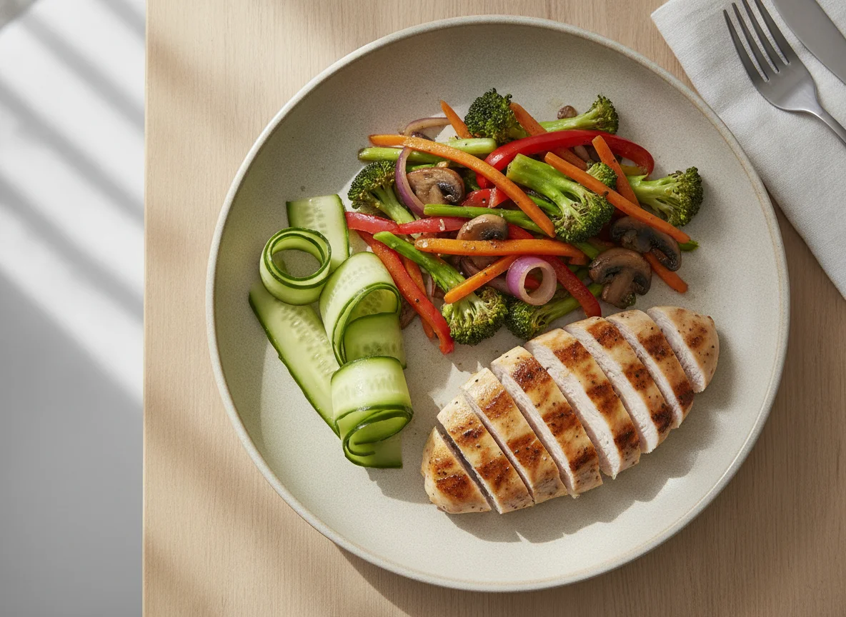 Grilled chicken with stir-fried vegetables and cucumber photo