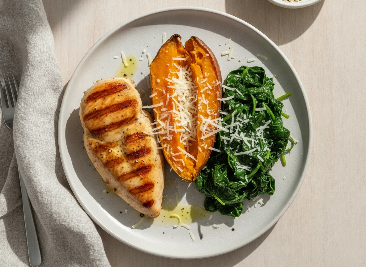 Grilled Chicken with Sweet Potato and Spinach photo