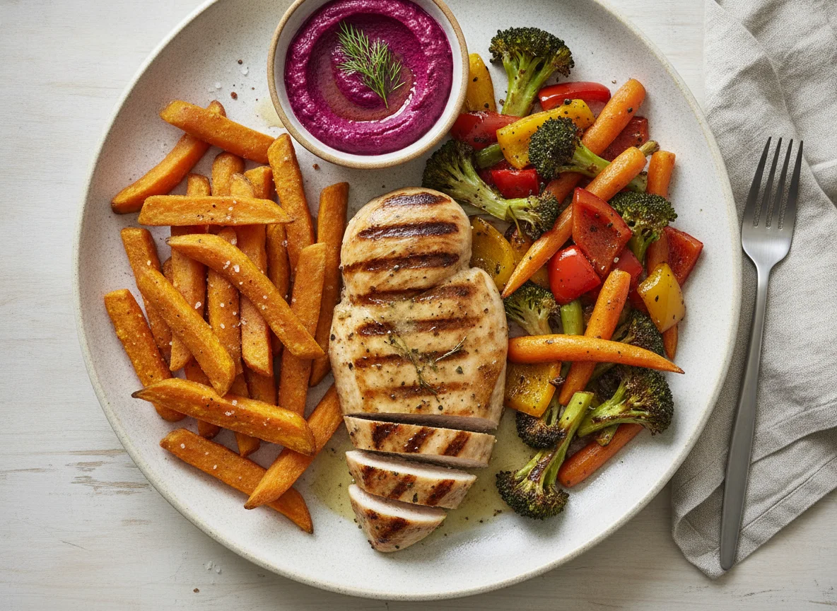 Grilled chicken with sweet potato fries and roasted vegetables photo