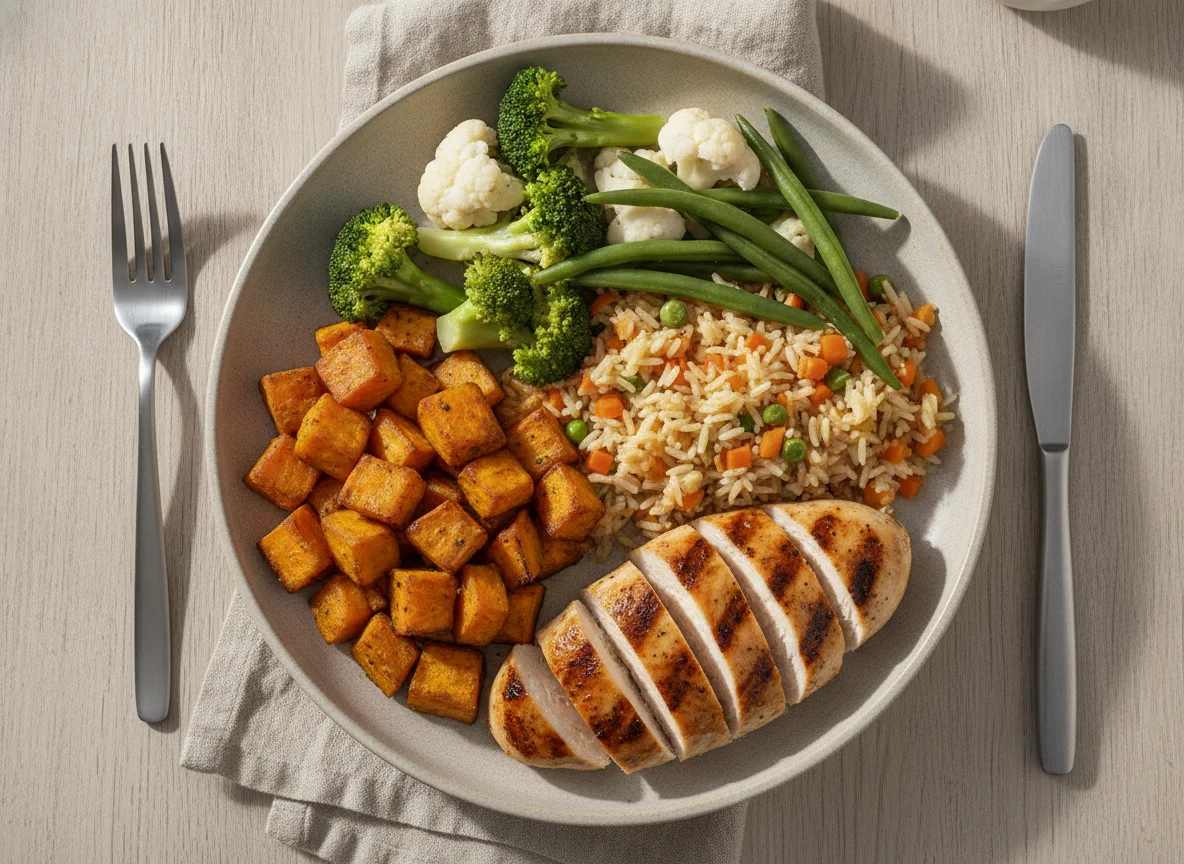 Grilled chicken with sweet potato, rice and steamed vegetables photo