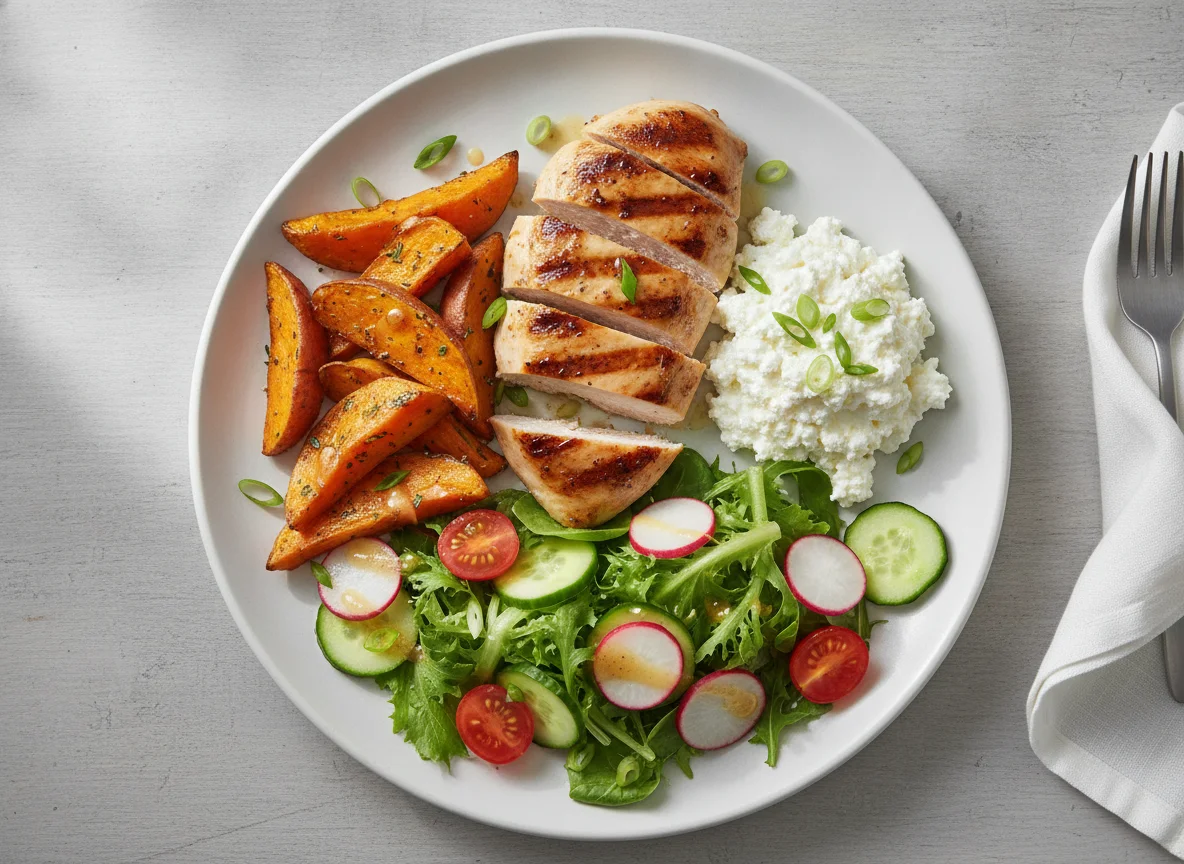 Grilled chicken with sweet potatoes, cottage cheese and mixed salad photo