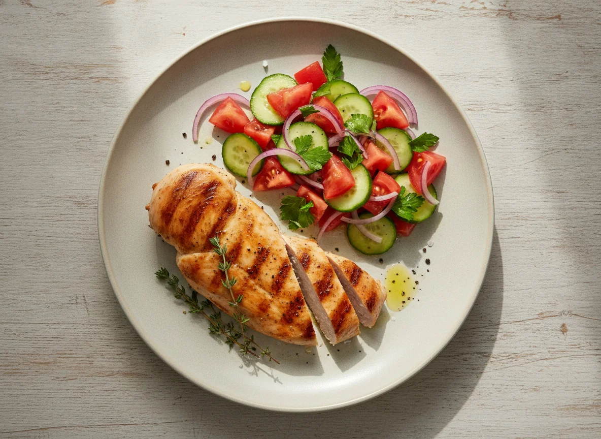 Grilled Chicken with Tomato and Cucumber Salad photo