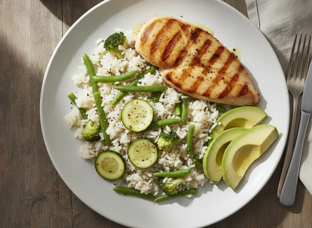 Grilled Chicken with Vegetable Rice and Avocado photo