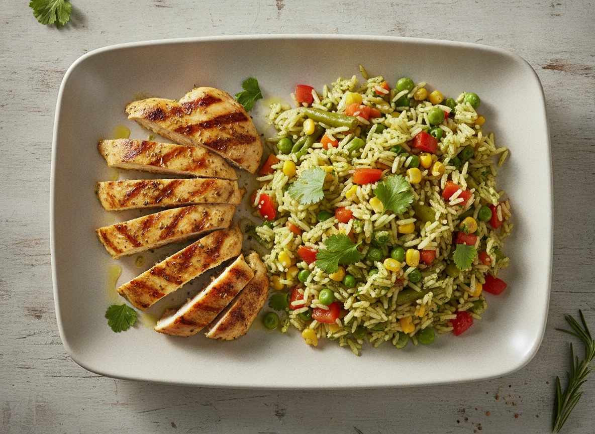 Grilled chicken with vegetable rice photo