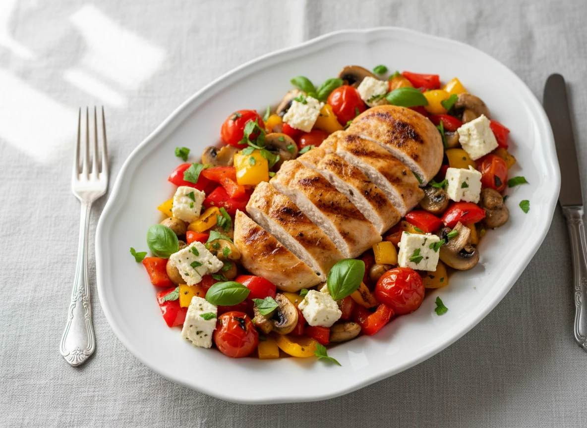 Grilled Chicken with Vegetables and Cheese photo