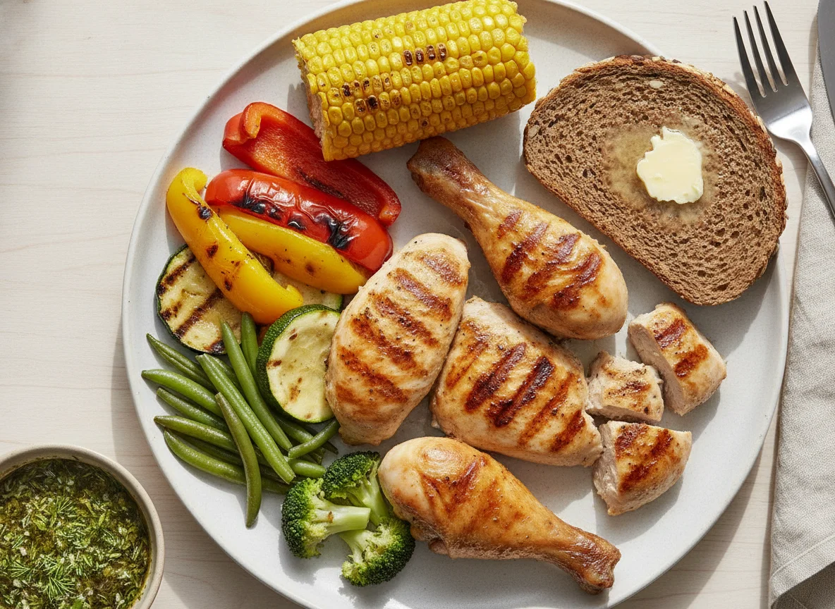 Grilled chicken with vegetables, corn, bread and sauce photo