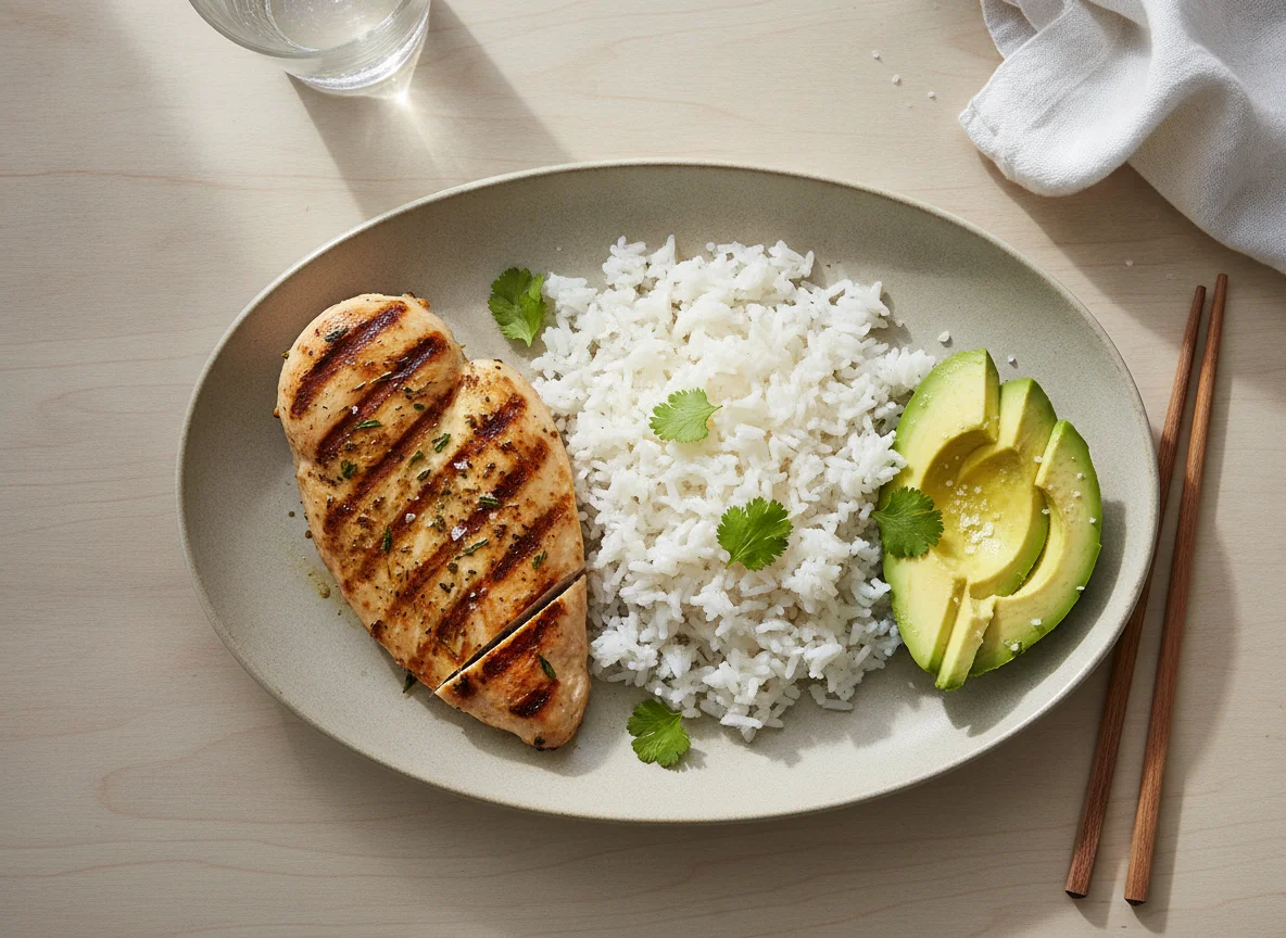 Grilled Chicken with White Rice and Avocado photo