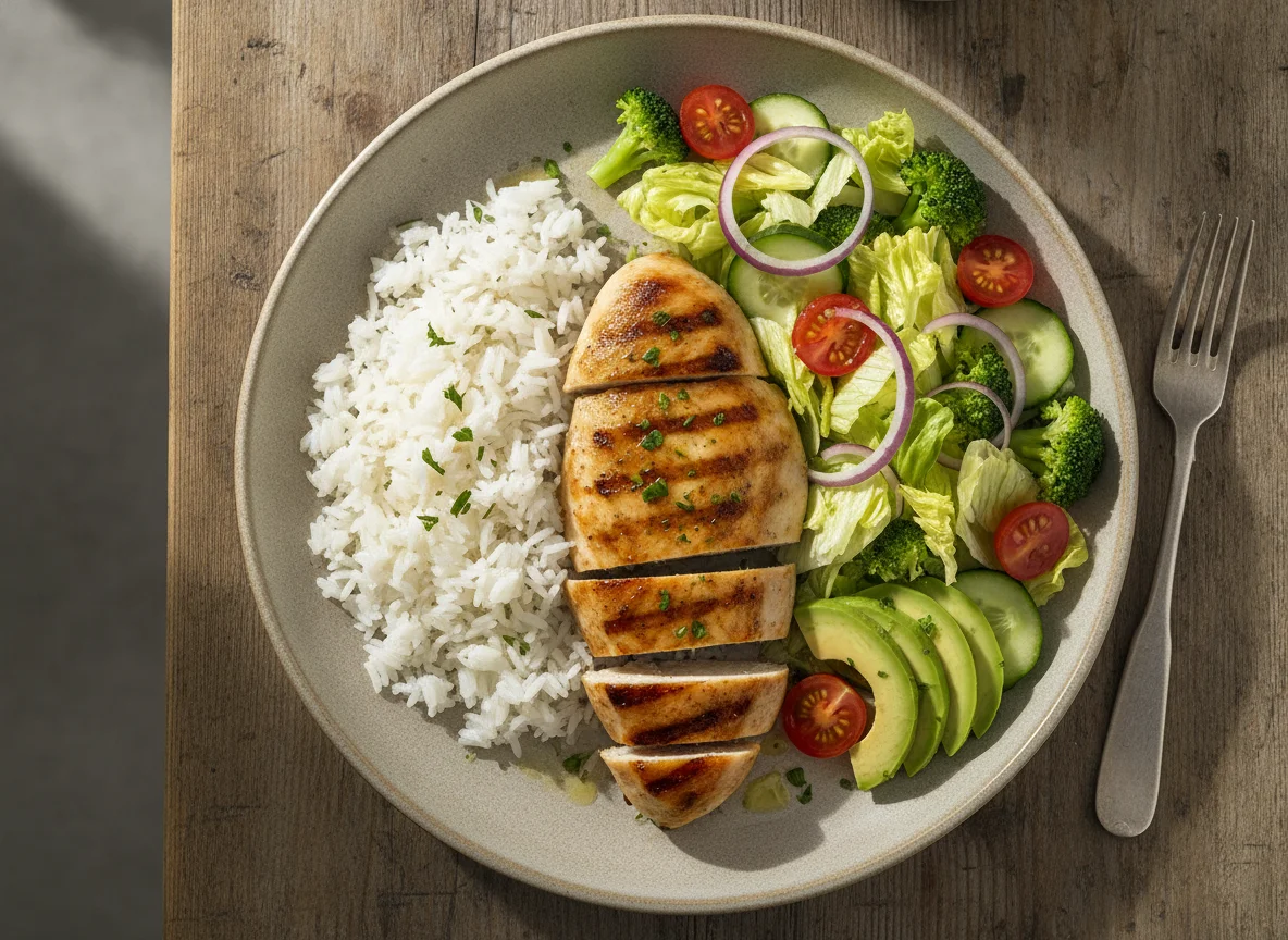 Grilled chicken with white rice and fresh salad photo