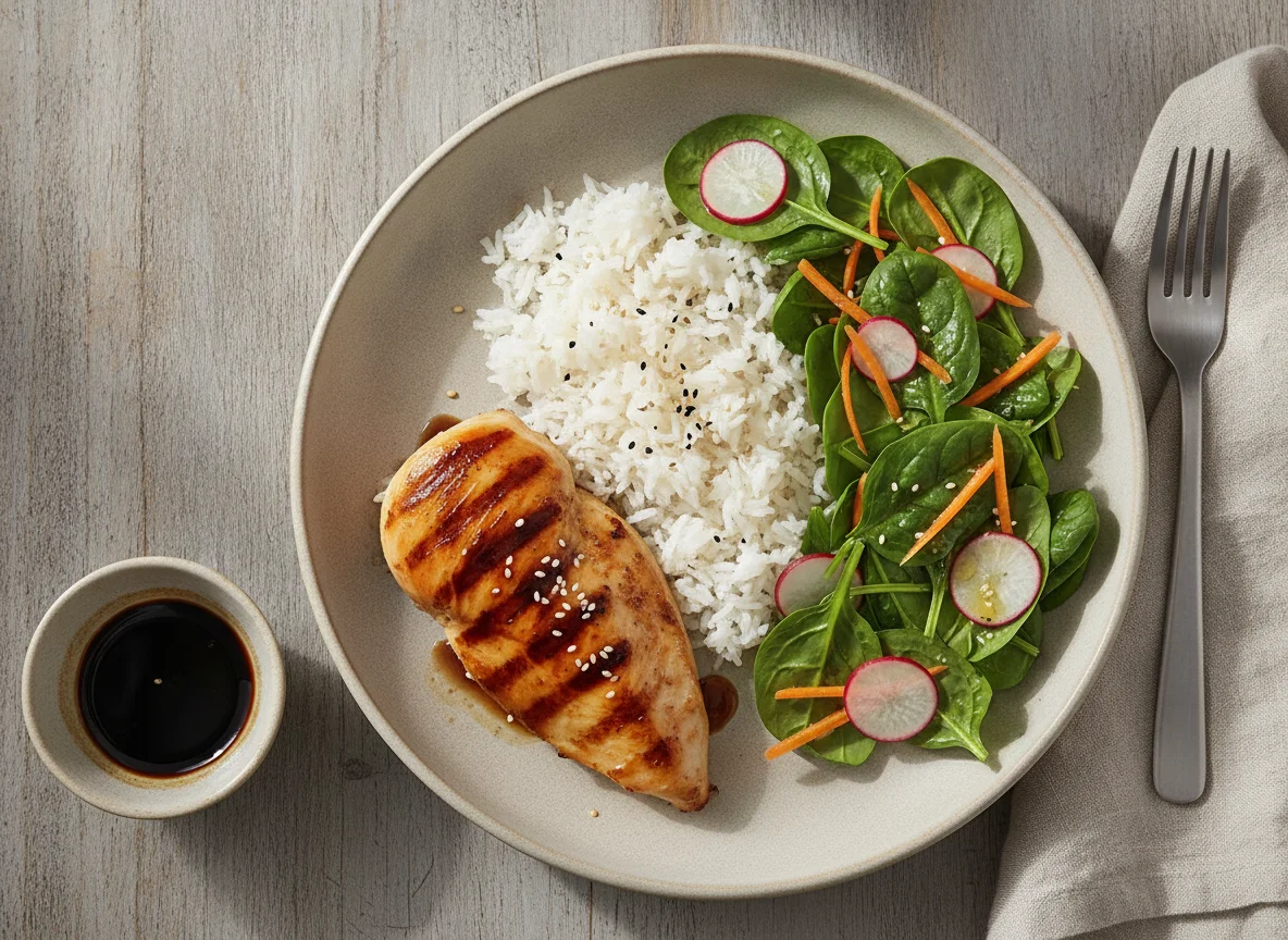 Grilled chicken with white rice and fresh spinach salad photo
