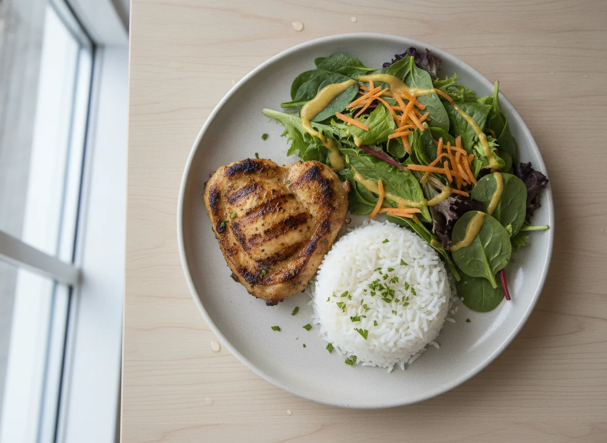 Grilled chicken with white rice and garden salad photo