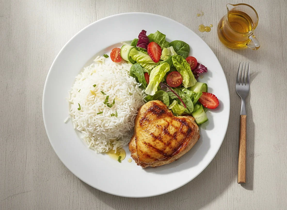 Grilled chicken with white rice and mixed salad photo