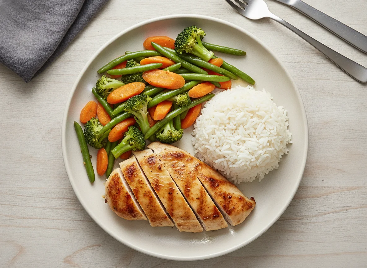 Grilled Chicken with White Rice and Mixed Vegetables photo