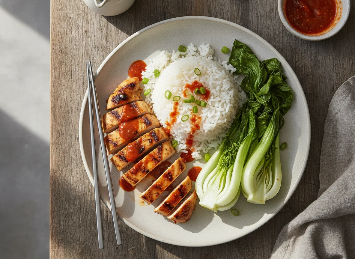 Grilled Chicken with White Rice and Pak Choi photo