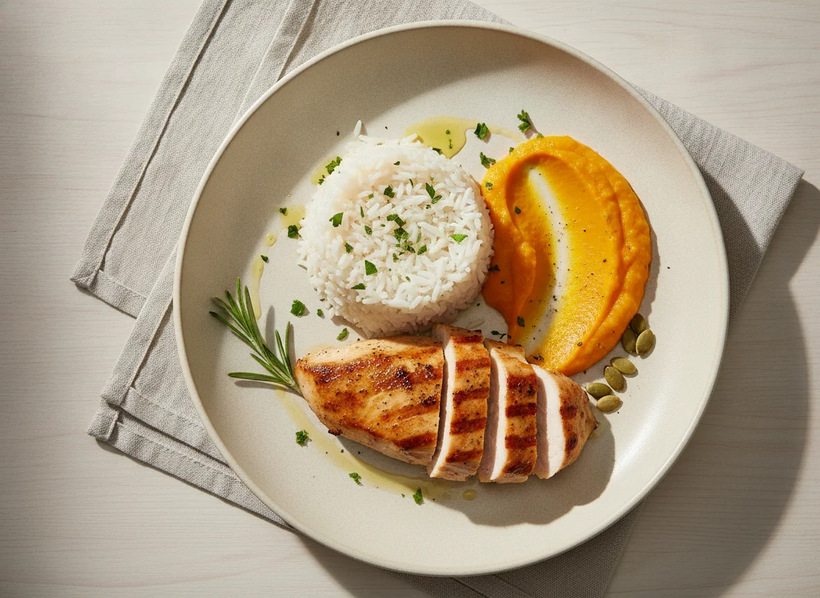 Grilled chicken with white rice and pumpkin puree photo
