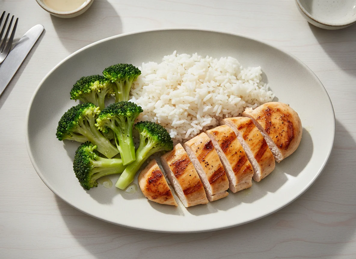 Grilled Chicken with White Rice and Steamed Broccoli photo