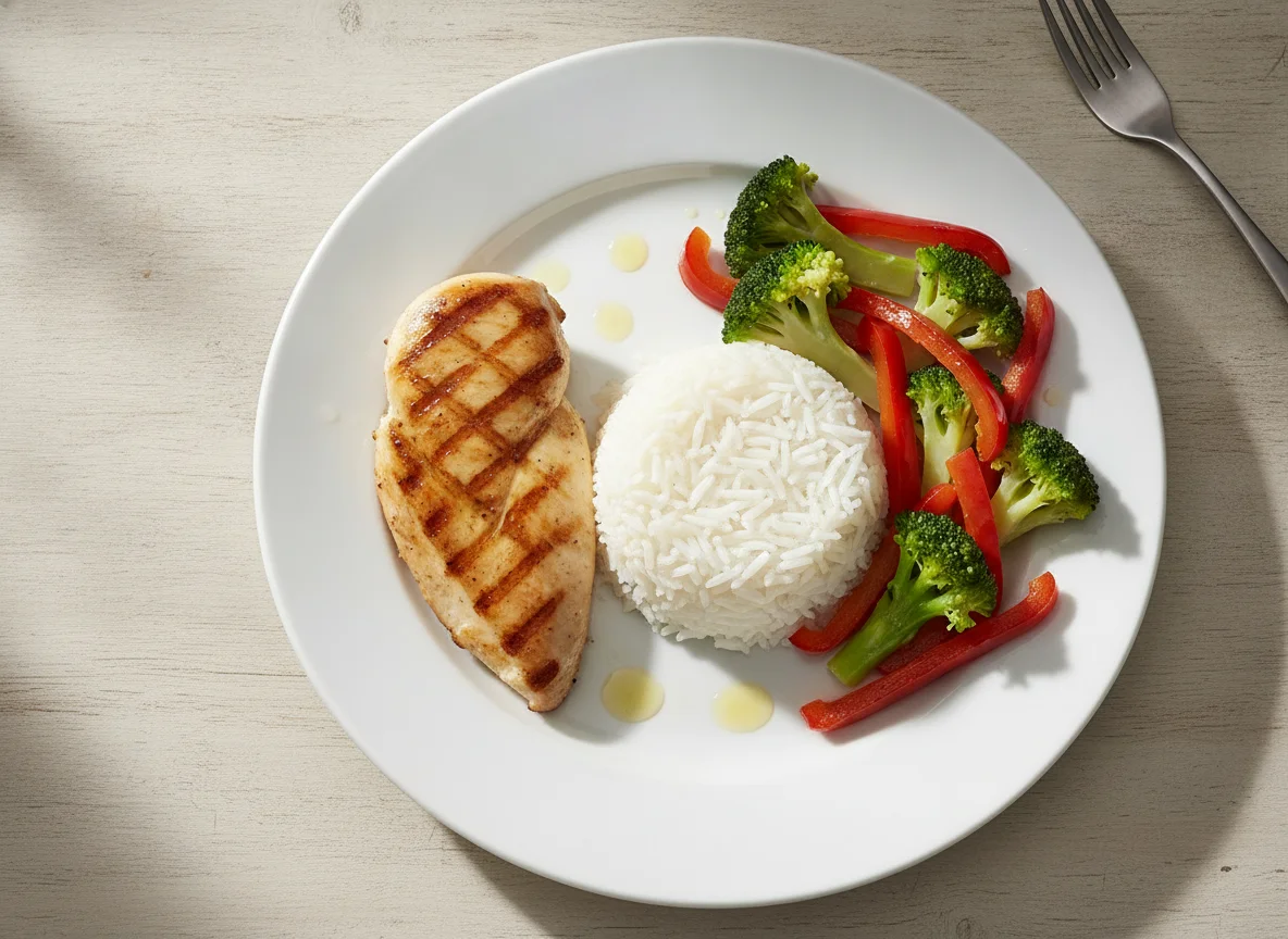 Grilled chicken with white rice and steamed vegetables photo