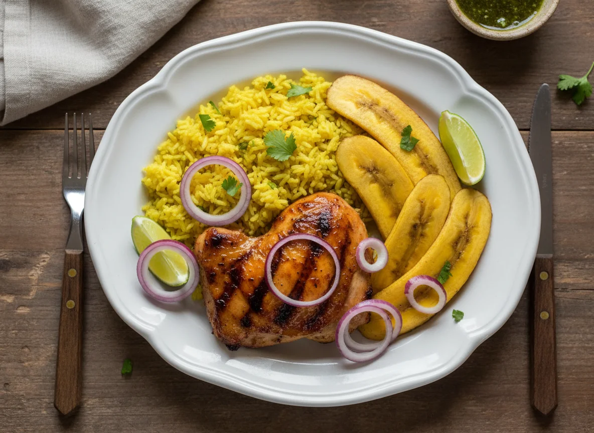 Grilled Chicken with Yellow Rice and Banana photo