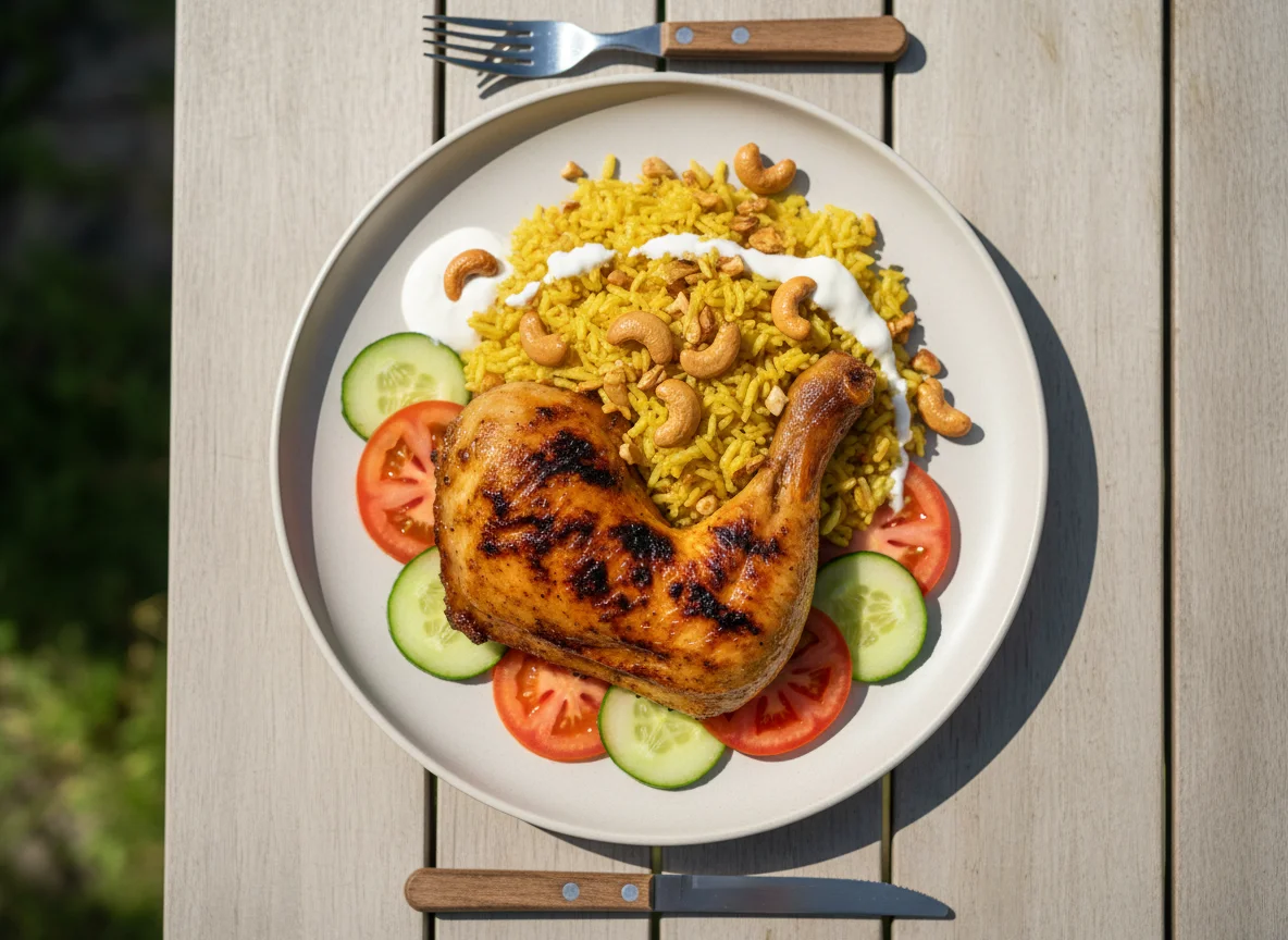 Grilled Chicken with Yellow Rice and Cashews photo