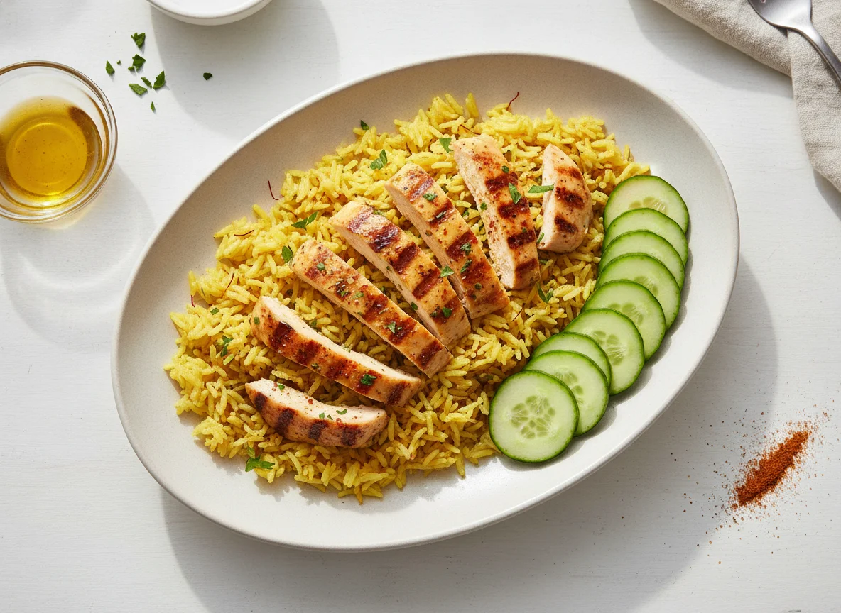 Grilled chicken with yellow rice and cucumber photo