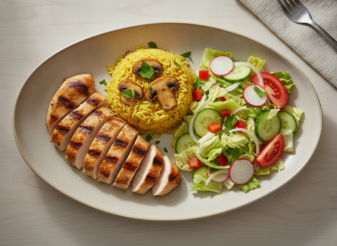 Grilled chicken with yellow rice and mixed salad photo