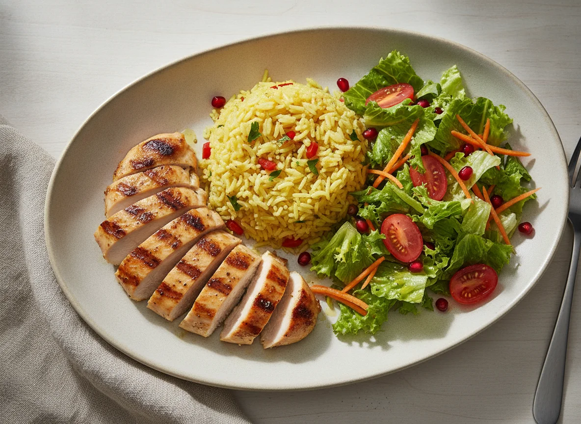 Grilled Chicken with Yellow Rice and Salad photo
