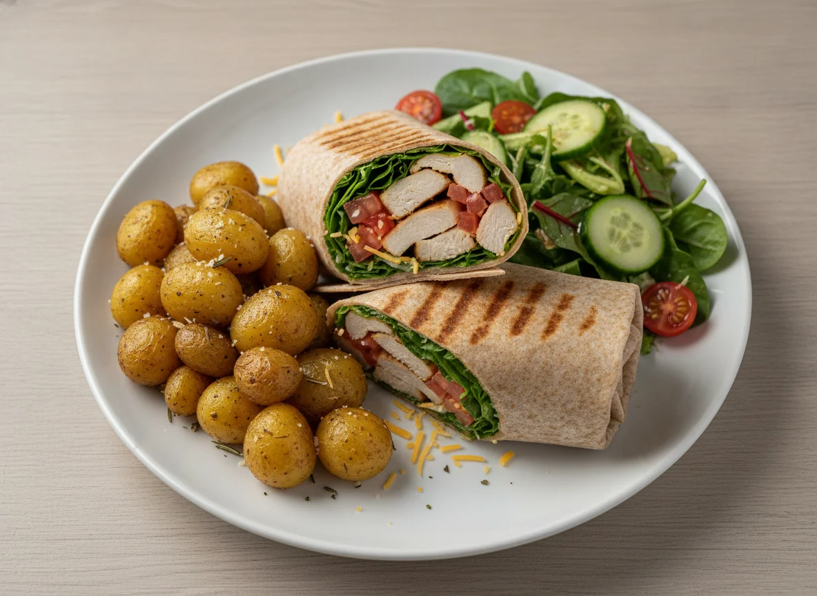 Grilled Chicken Wrap with Roasted Potatoes and Salad photo