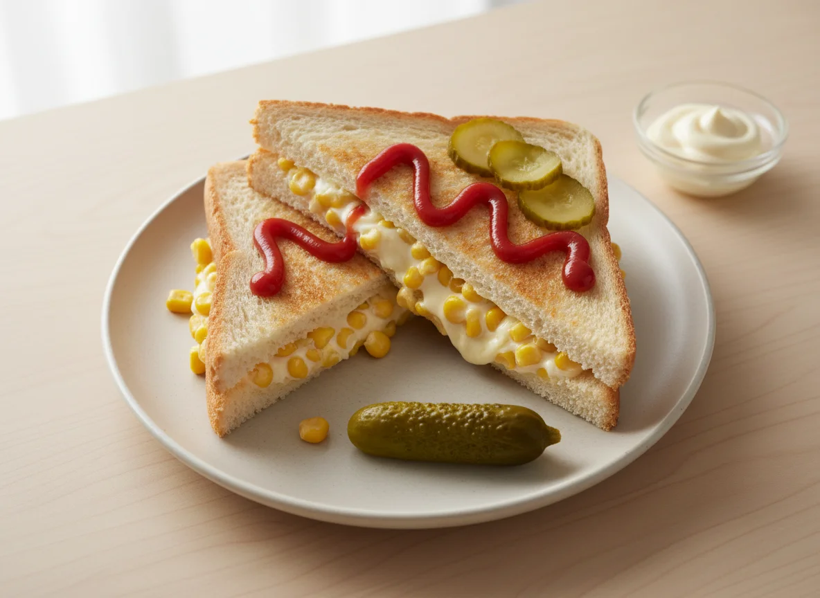 Grilled Corn and Cheese Sandwich with Ketchup and Pickle photo