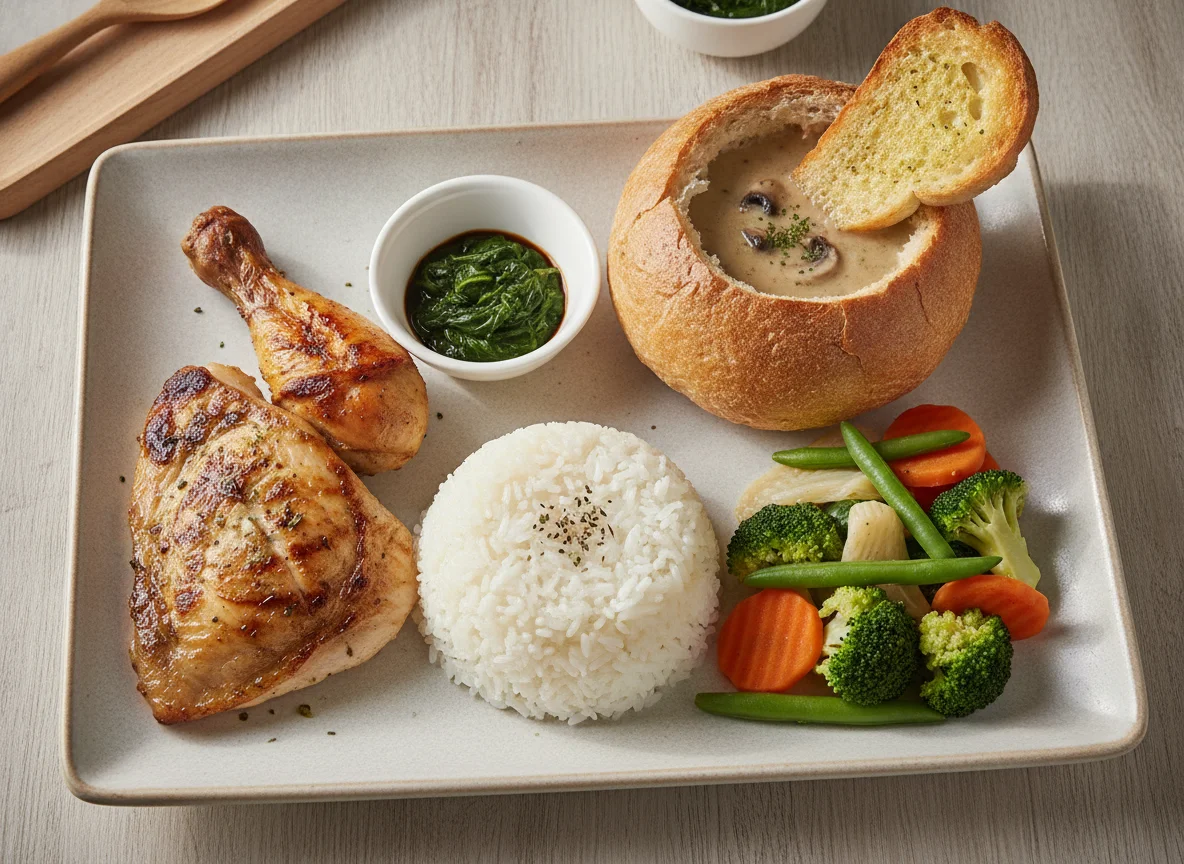 Grilled Fish and Chicken with Rice, Vegetables, and Soup photo
