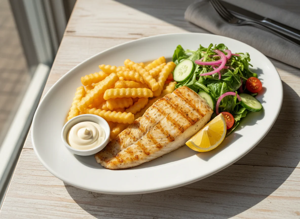 Grilled Fish and Chips with Salad photo