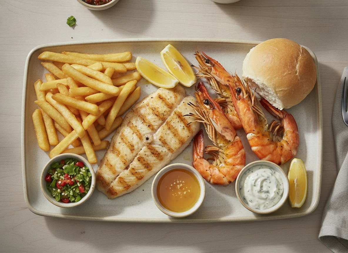 Grilled Fish and Prawn Platter with Chips photo