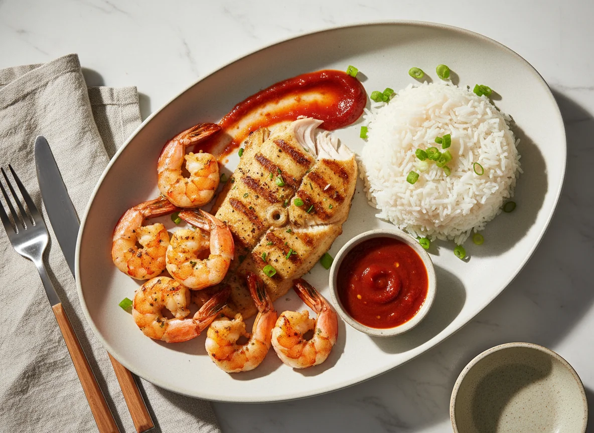 Grilled Fish and Shrimp with Rice photo