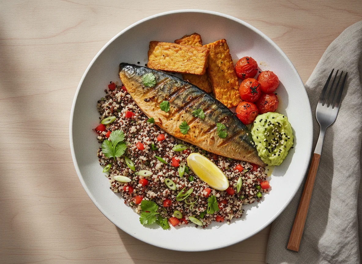 Grilled Fish, Tempeh and Quinoa Bowl photo