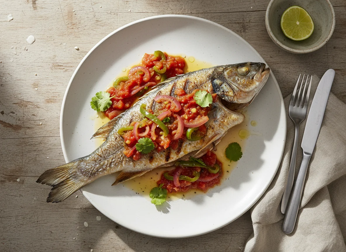 Grilled Fish with Pepper and Onion Sauce photo