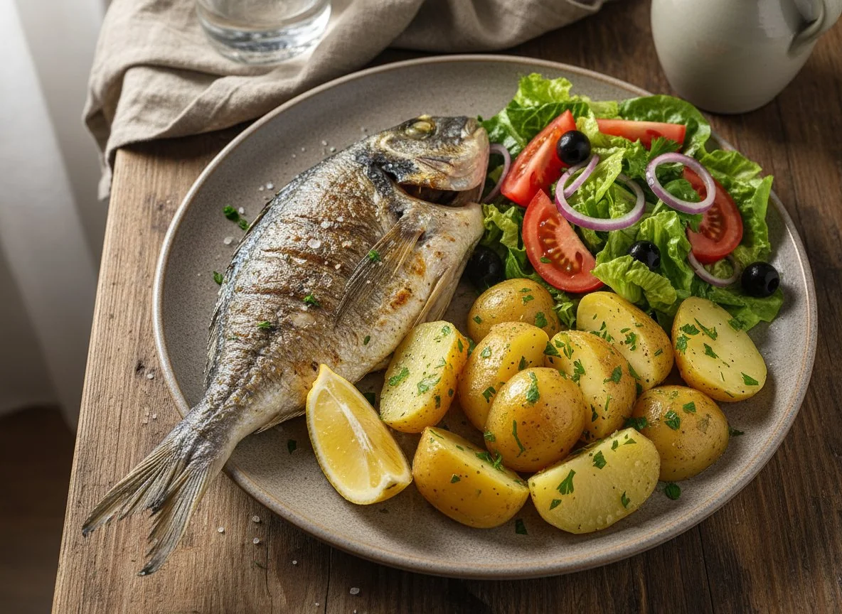 Grilled Fish with Potatoes and Salad photo