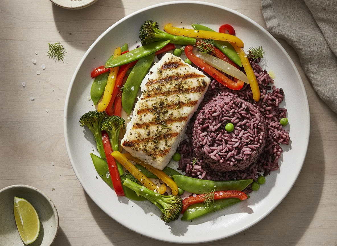Grilled Fish with Purple Rice and Vegetables photo