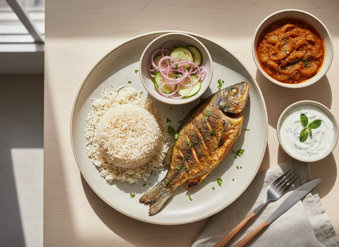 Grilled Fish with Rice and Curry photo