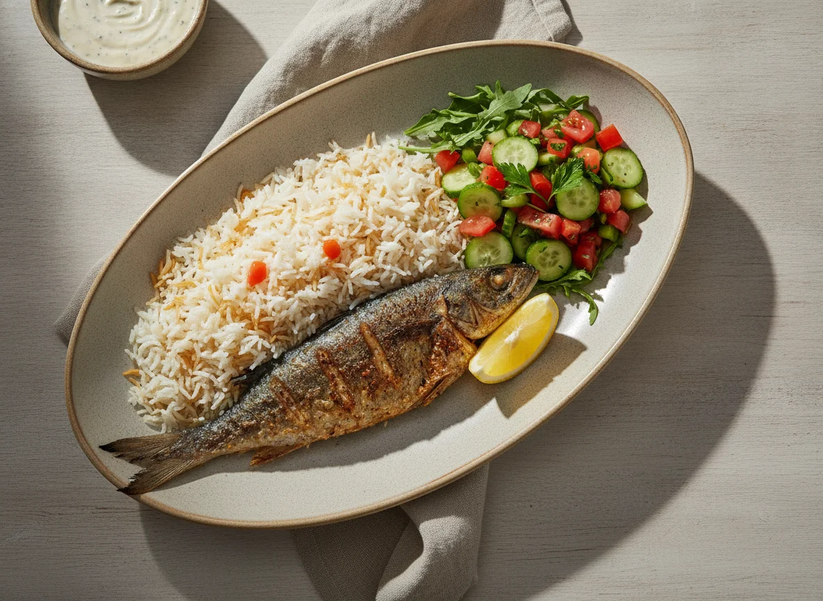 Grilled Fish with Rice and Egyptian Salad photo