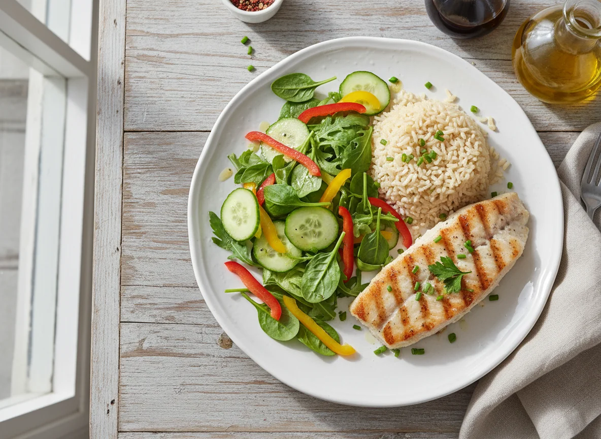 Grilled Fish with Rice and Salad photo