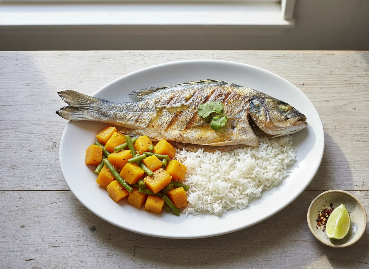 Grilled Fish with Rice and Stewed Squash photo