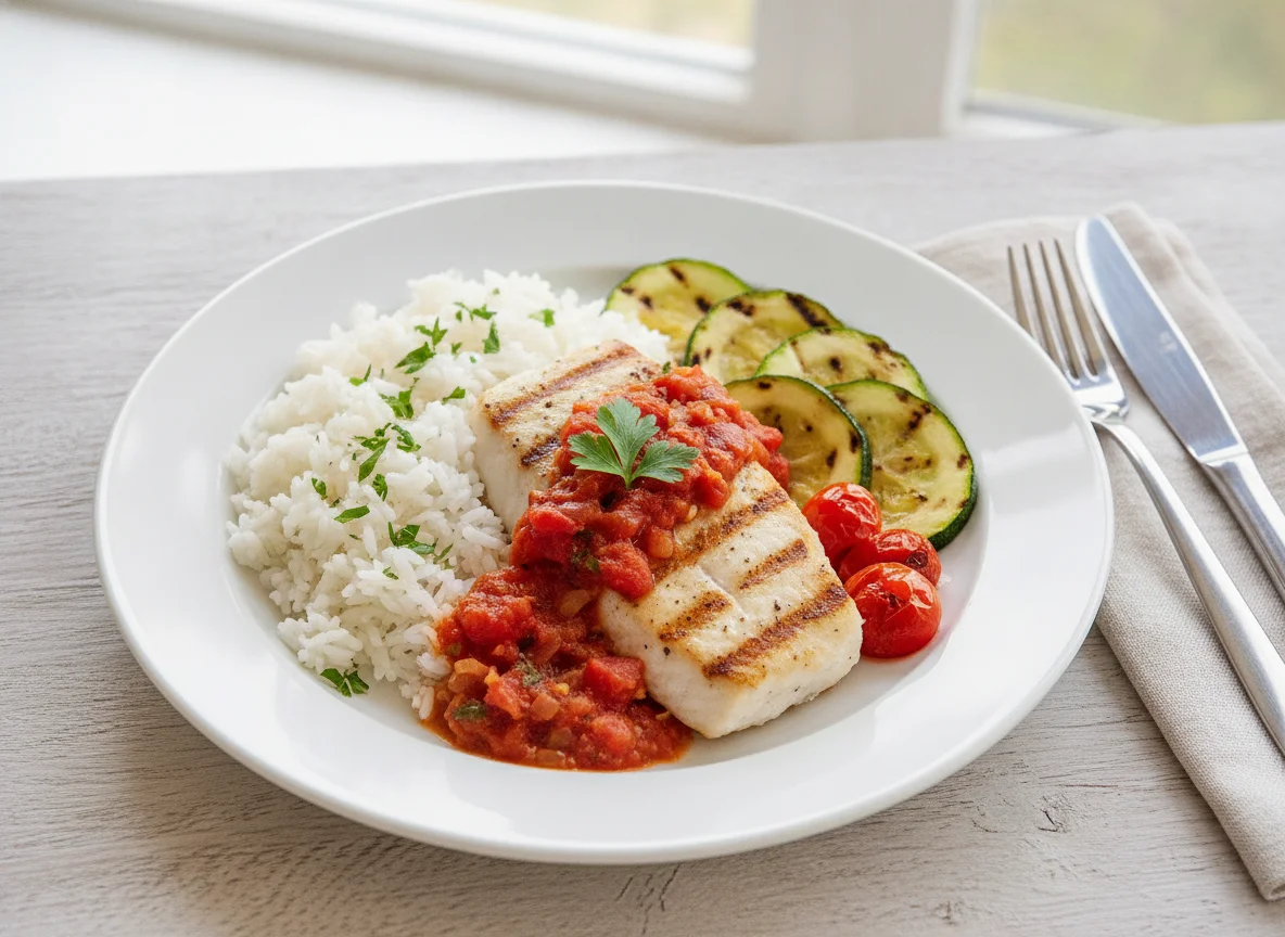 Grilled Fish with Rice and Vegetables photo