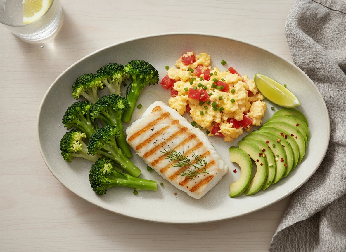 Grilled Fish with Scrambled Eggs, Broccoli, and Avocado photo