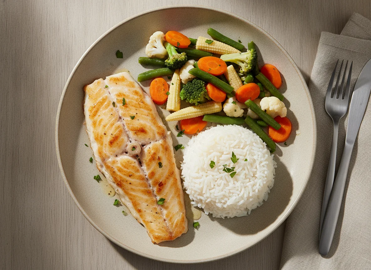 Grilled Fish with Steamed Rice and Mixed Vegetables photo