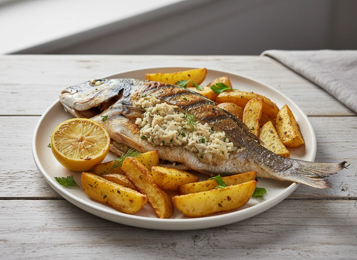 Grilled Fish with Stuffing and Potato Wedges photo