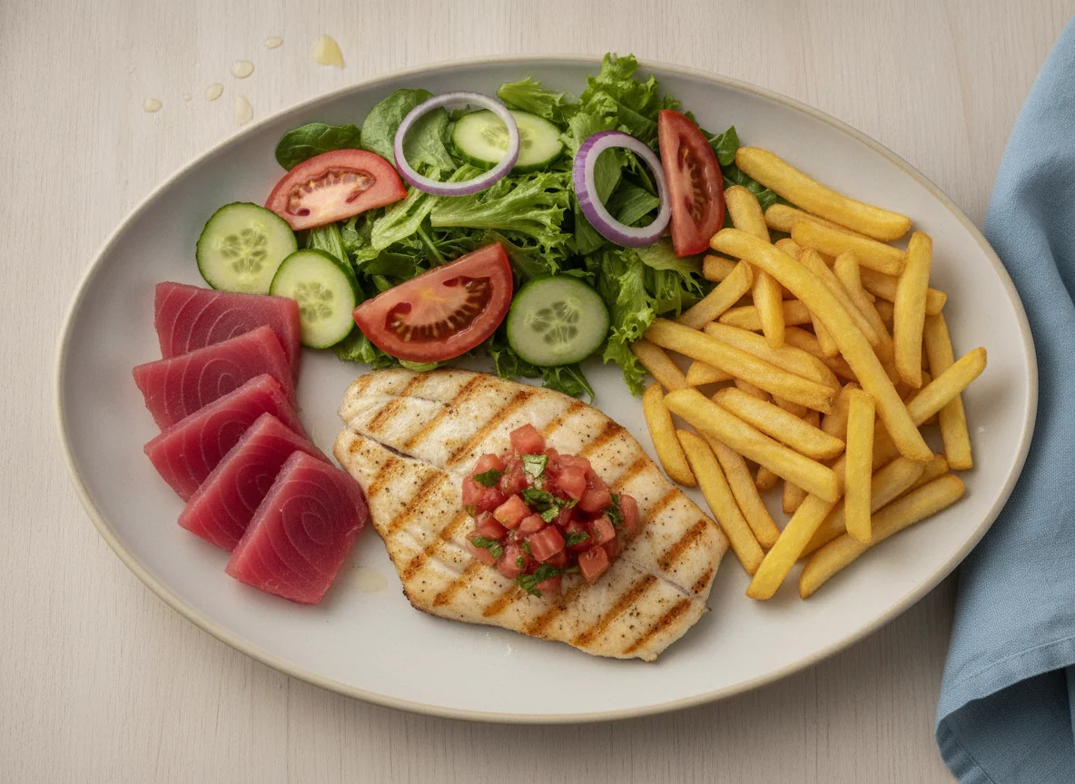 Grilled fish with tuna sashimi, french fries and garden salad photo