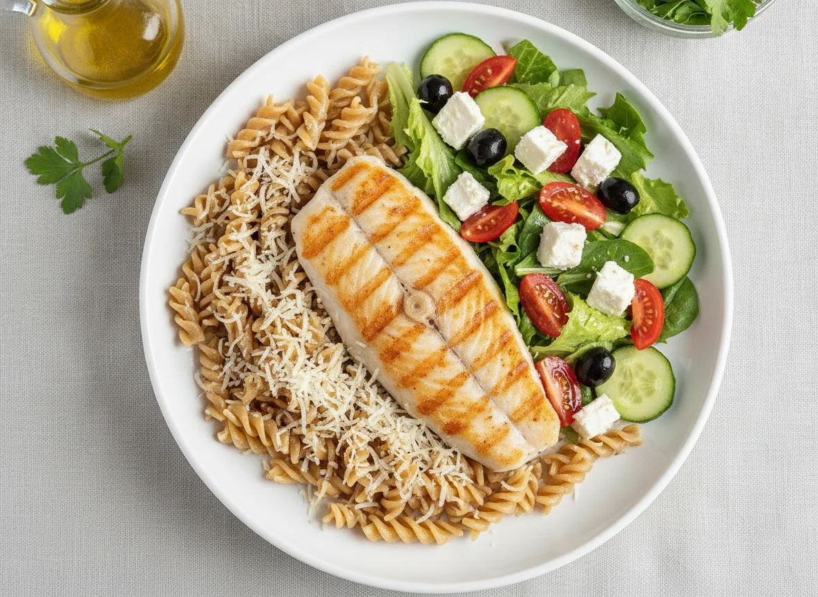 Grilled Fish with Whole Wheat Pasta and Greek Salad photo