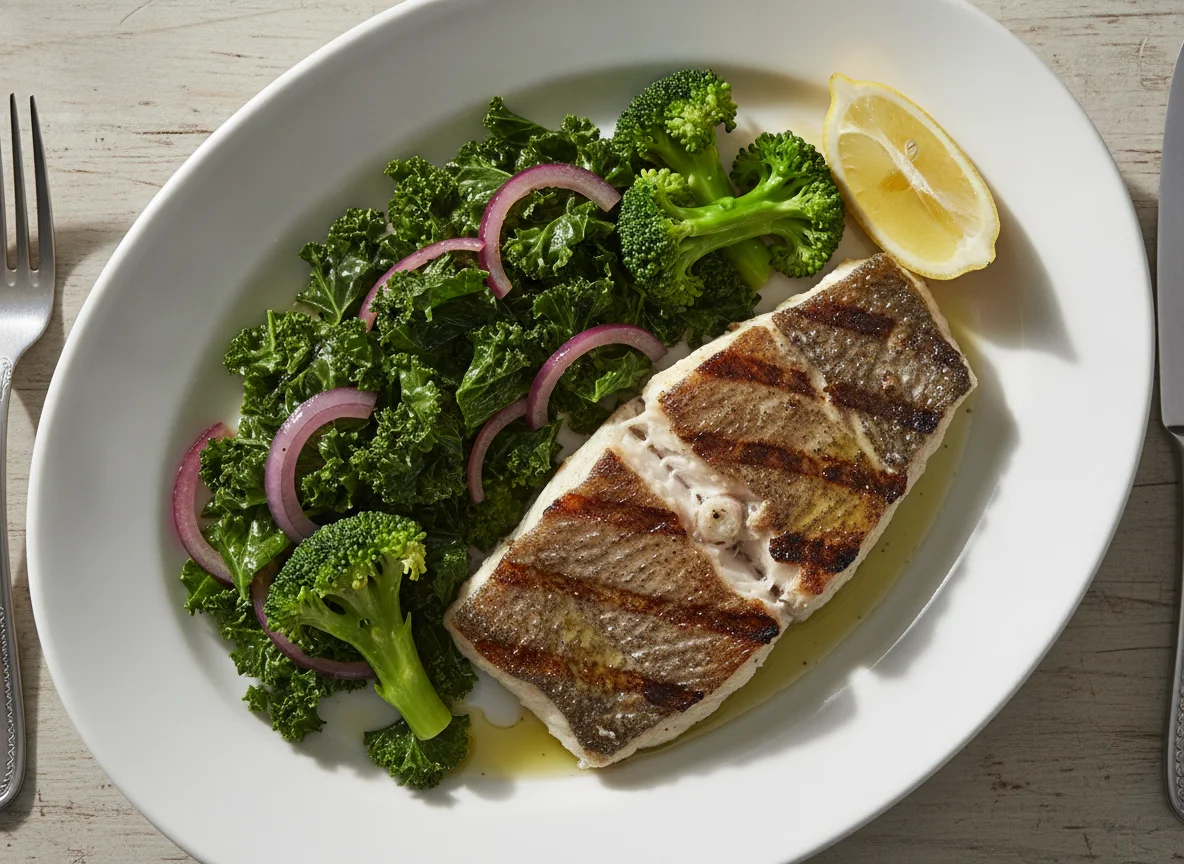 Grilled Grouper with Sautéed Kale and Broccoli photo