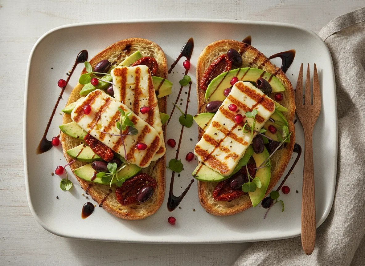 Grilled Halloumi and Avocado on Toast with Balsamic Glaze photo