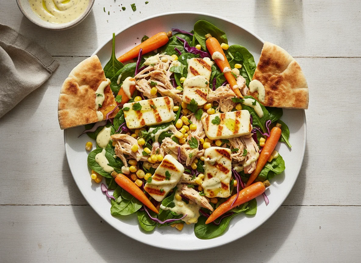 Grilled Halloumi and Chicken Salad with Pita photo