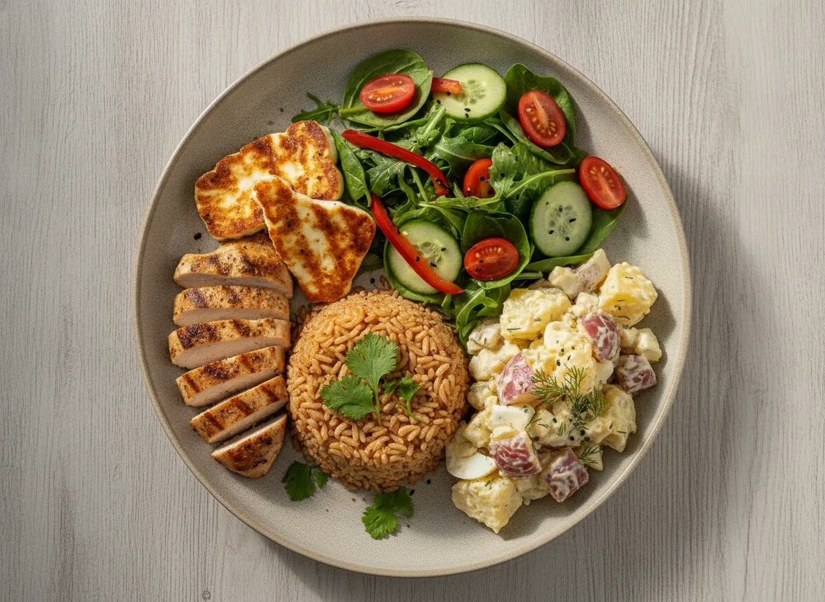 Grilled Halloumi and Chicken Salad with Rice and Potato Salad photo