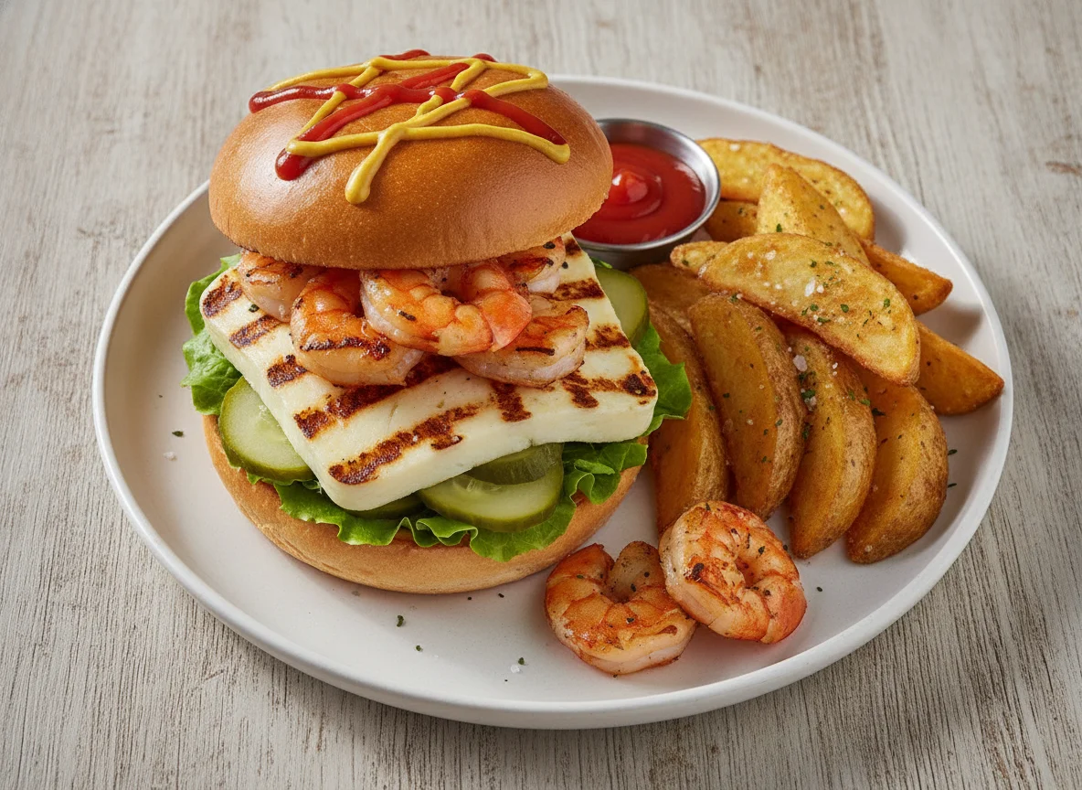 Grilled Halloumi Burger with Prawns and Potato Wedges photo